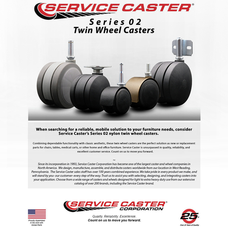 Service Caster 2'' Gray Floor Safe Twin Wheel Casters 3/8 Threaded Stem , 4PK SCC-TS02S50-TPR-GRY-381634-4